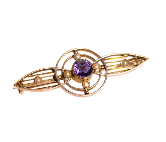 Antique Art Deco Gold Brooch 9 Carat Seed Pearls & Amethyst (A1394)