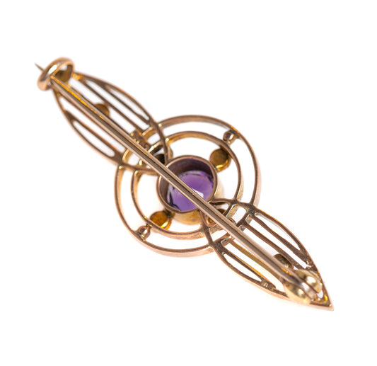 Antique Art Deco Gold Brooch 9 Carat Seed Pearls & Amethyst (A1394)