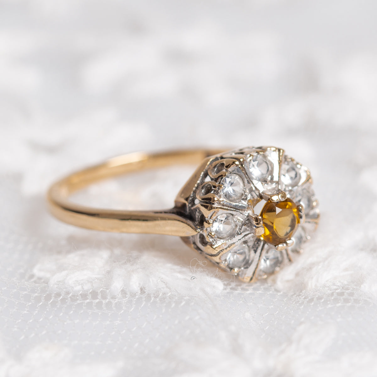 Vintage Golden Yellow Tourmaline Gemstone Daisy Ring In 9ct Gold UK Size P (A1404)