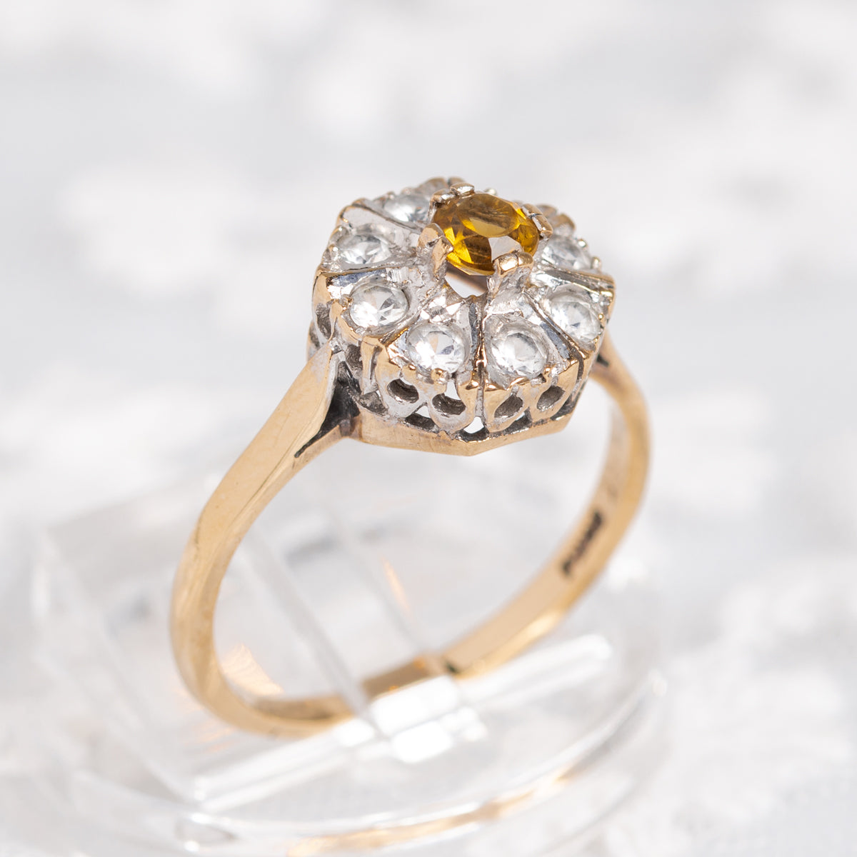 Vintage Golden Yellow Tourmaline Gemstone Daisy Ring In 9ct Gold UK Size P (A1404)