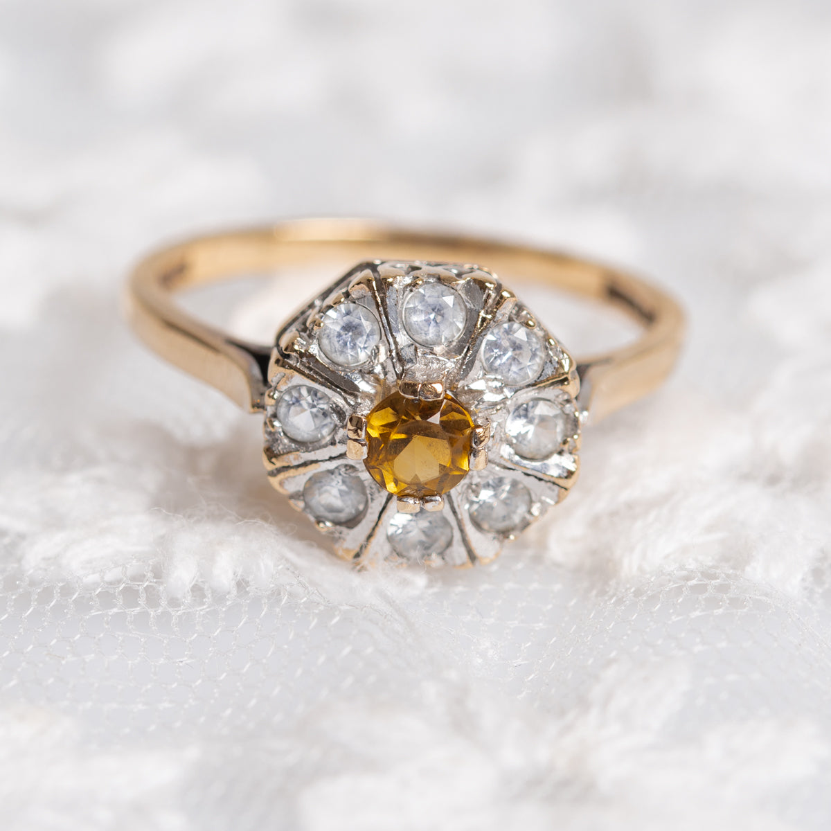 Vintage Golden Yellow Tourmaline Gemstone Daisy Ring In 9ct Gold UK Size P (A1404)