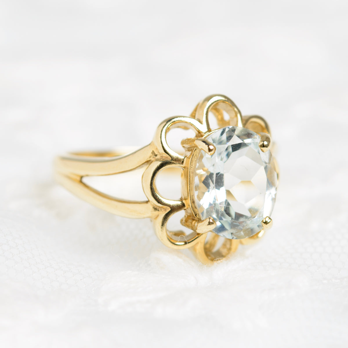 9ct Gold Ladies Dress Ring With 2.4 Carat Aquamarine In Petal Mount Size N (A1427)