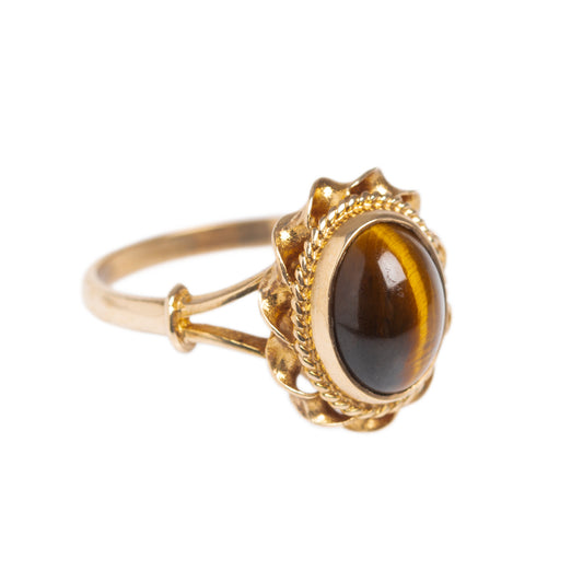Vintage Tigers Eye Gemstone Ring 9ct Gold Rope Twist Mount Retro Jewelry (A1428)