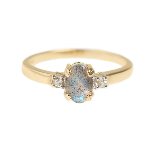 9ct Gold Ring Labradorite Solitaire With Clear Gemstone Accents (A1431)
