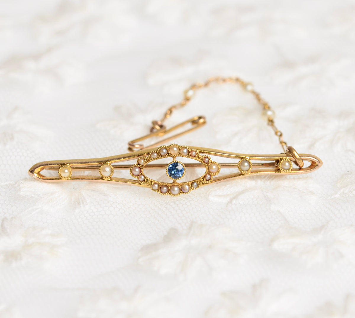 Antique Belle Epoque Ladies 15ct Gold Natural Sapphire & Pearl Brooch/Pin (A1434)