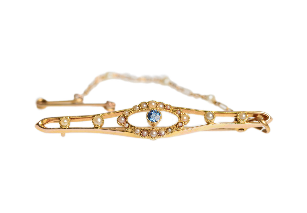Antique Belle Epoque Ladies 15ct Gold Natural Sapphire & Pearl Brooch/Pin (A1434)