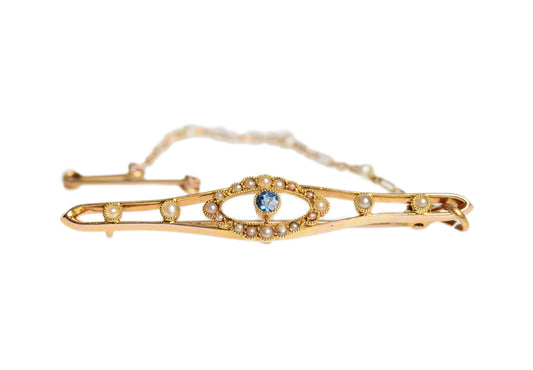Antique Belle Epoque Ladies 15ct Gold Natural Sapphire & Pearl Brooch/Pin (A1434)