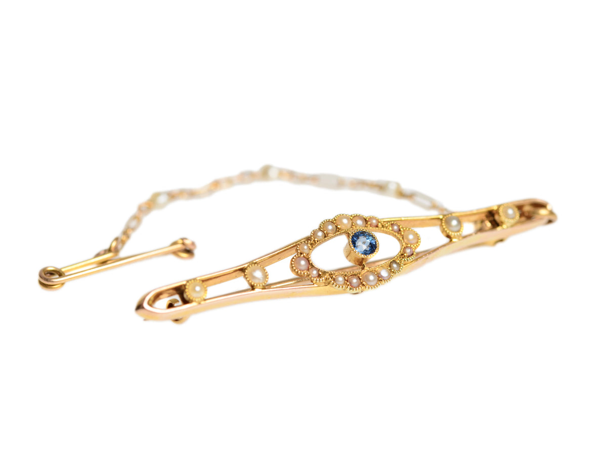 Antique Belle Epoque Ladies 15ct Gold Natural Sapphire & Pearl Brooch/Pin (A1434)