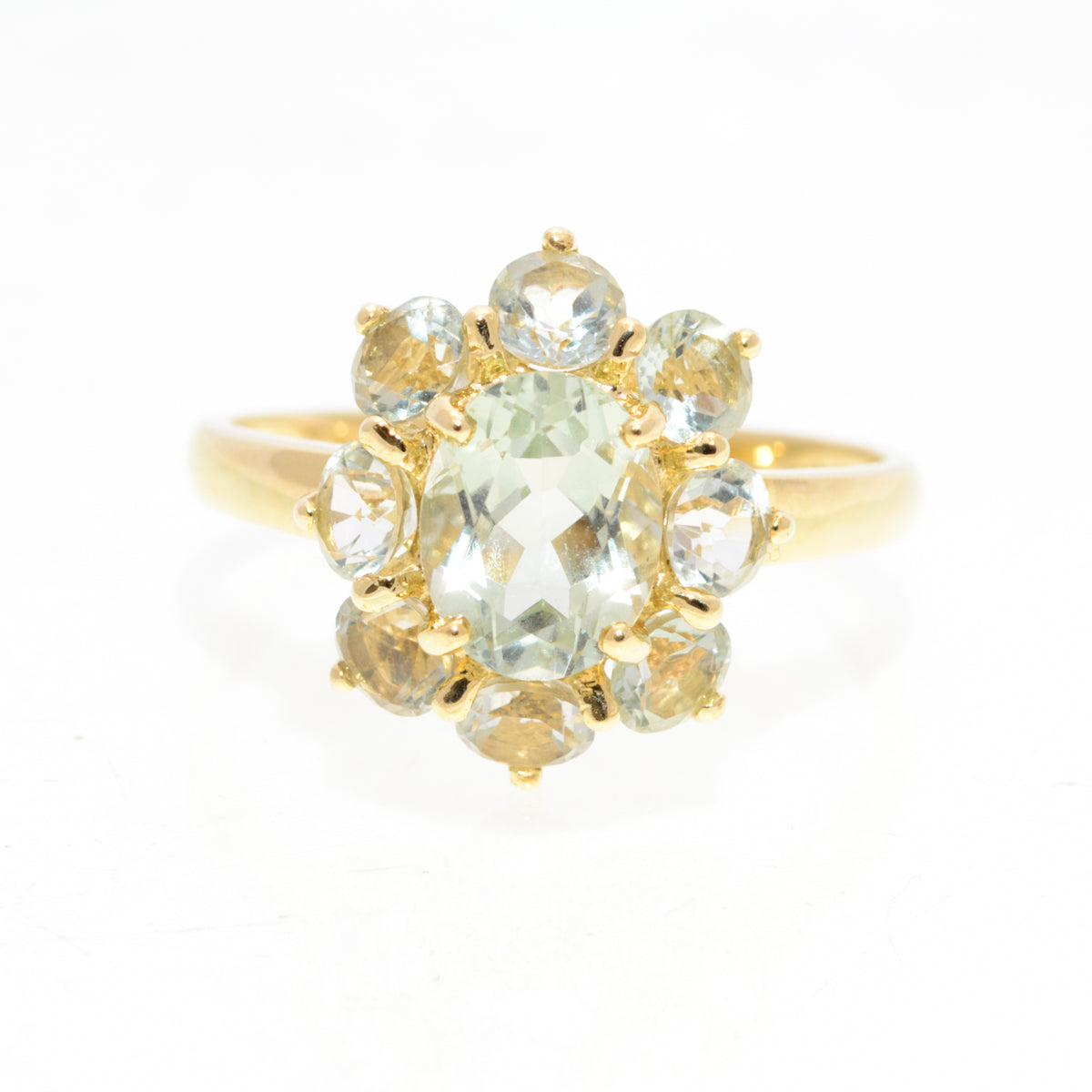 9ct Gold & Green Prasiolite Cluster Ring 1.3 Carat Gemstone UK Size T (A1438)