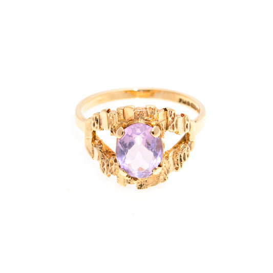 Vintage Brutalist Design 9ct Gold 'Eye' Ring Rose de France Amethyst Gemstone (A1441)
