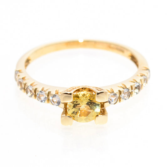 Golden Heliodor Gemstone Ring In 9ct Gold With White Topaz Shoulder Decoration (A1445)
