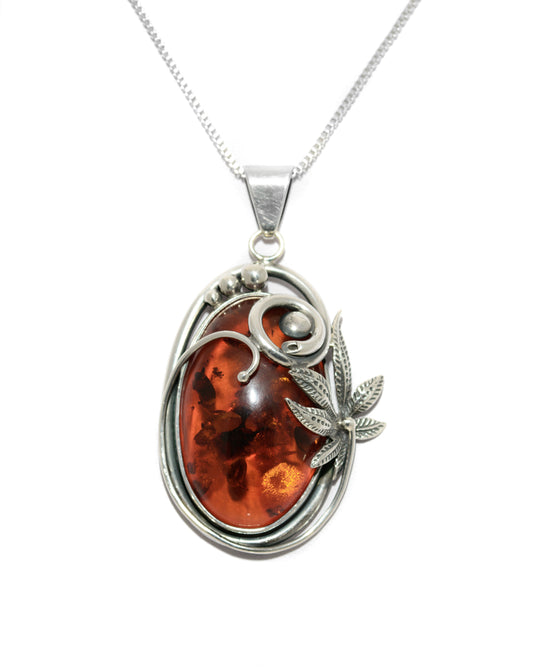 Vintage Large Statement Amber Pendant Necklace Sterling Silver & Box Chain (A1451)