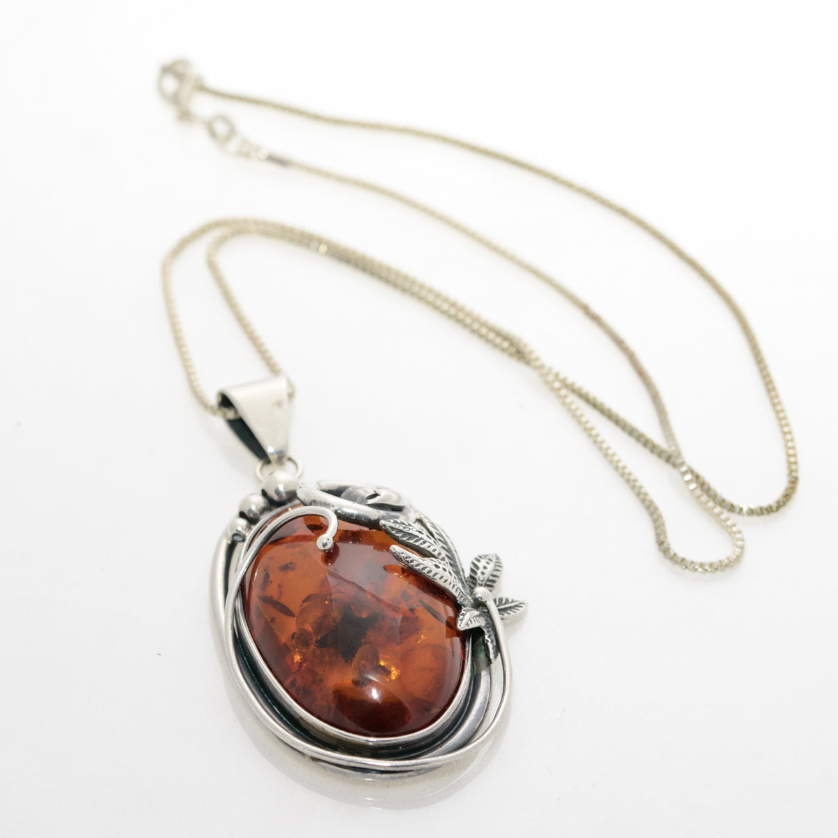 Vintage Large Statement Amber Pendant Necklace Sterling Silver & Box Chain (A1451)