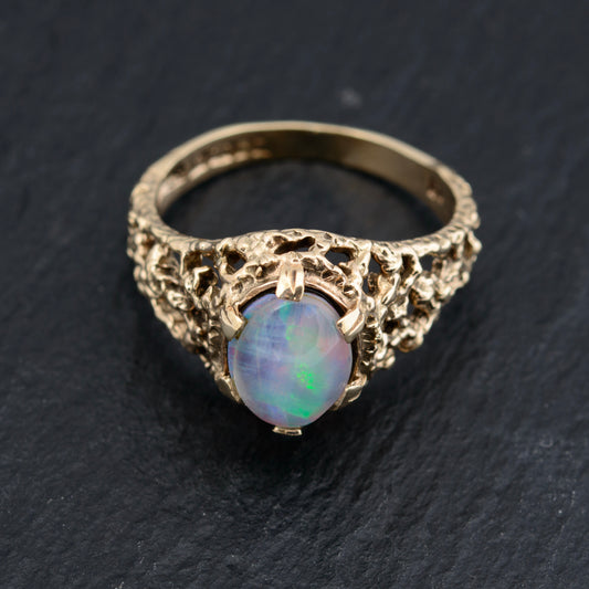 Vintage 9ct Gold & Black Opal Triplet Modernist Open Work Ring UK Size N1/2 (A1461)