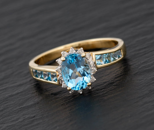 Natural Blue Topaz Gemstone & Diamond Halo Ring In 9ct Gold UK Size R (A1468)