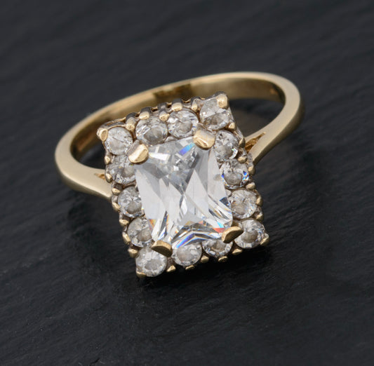 Vintage 9ct Gold & 2ct CZ Gemstone Ring With Halo Stones UK Size K1/2 (A1471)