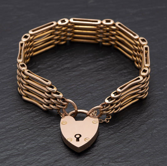 Vintage 9ct Gold Gate Bracelet Five Bar With Padlock Design Clasp 23 Grams (A1482)