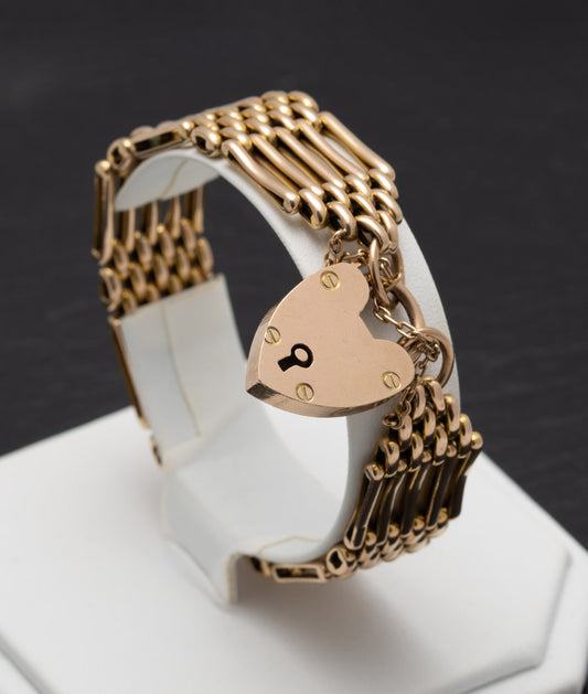 Vintage 9ct Gold Gate Bracelet Five Bar With Padlock Design Clasp 23 Grams (A1482)