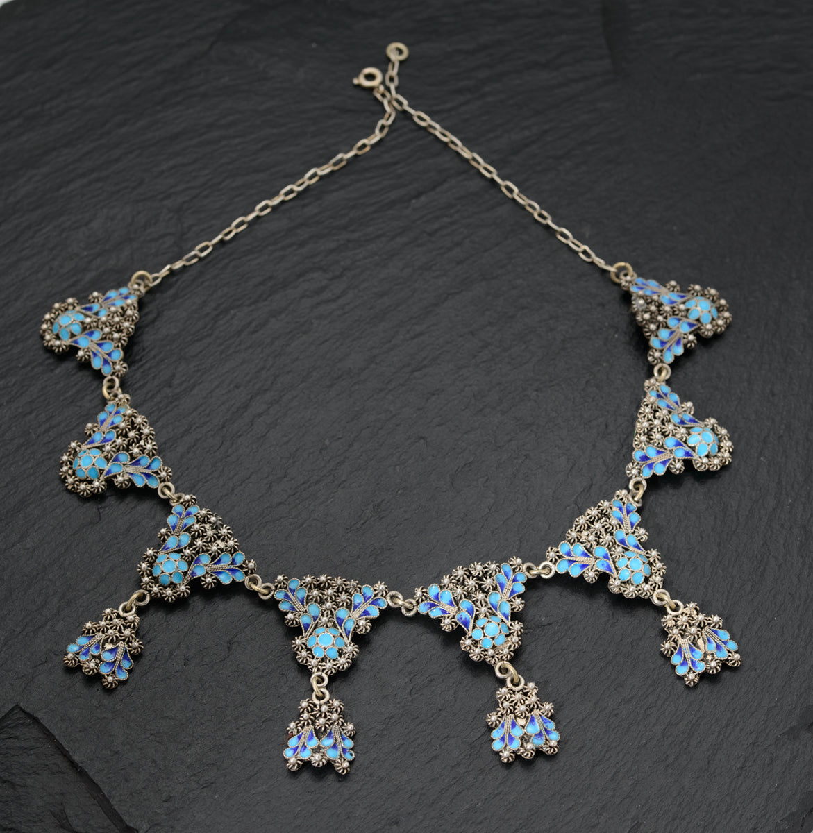 Vintage Indian Pure Silver & Blue Enamel Cannetille Bib Necklace (A1490)