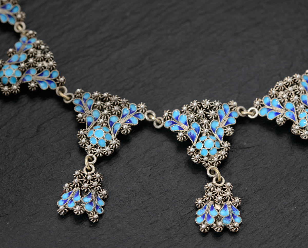 Vintage Indian Pure Silver & Blue Enamel Cannetille Bib Necklace (A1490)