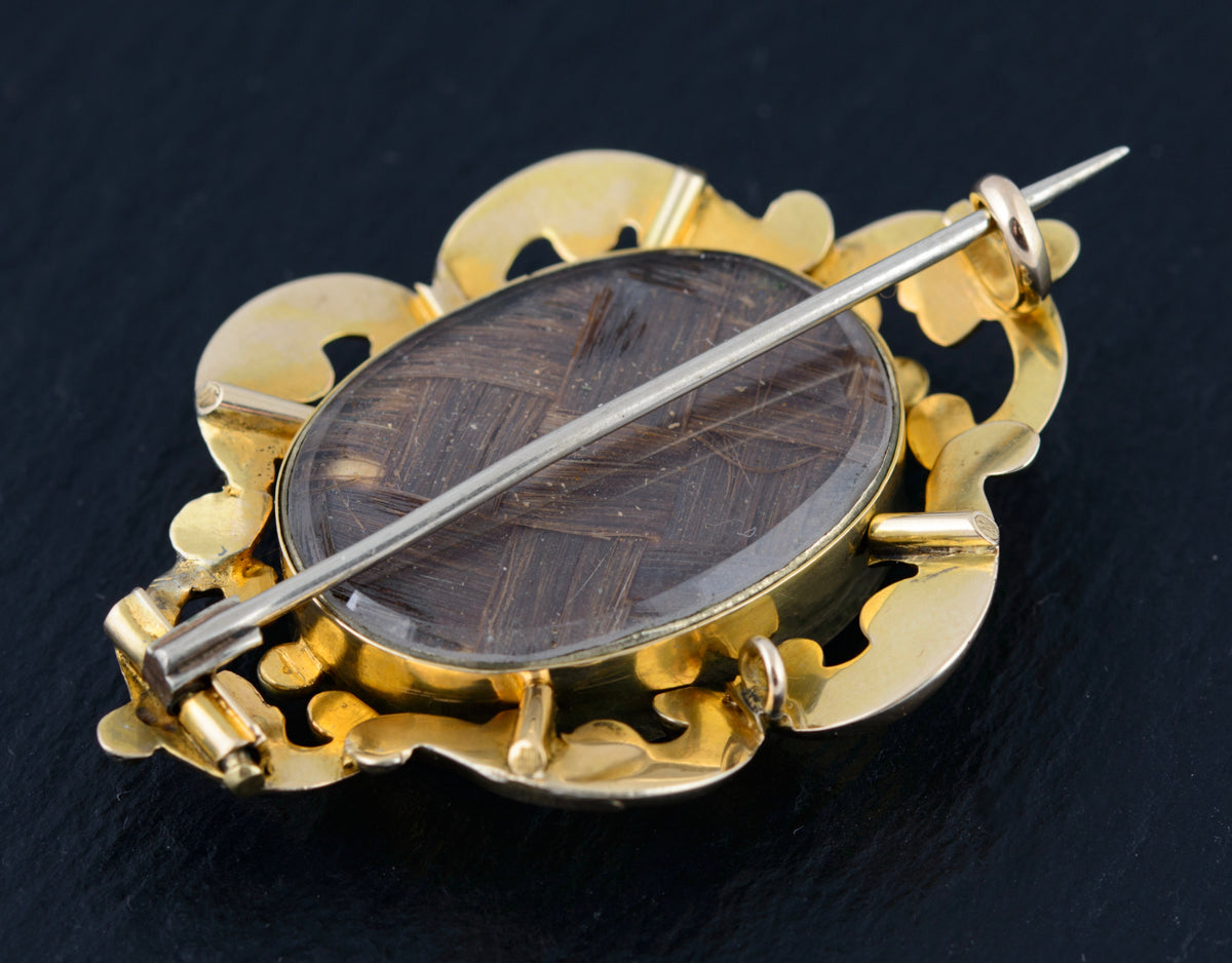 Antique Victorian Mourning Brooch 9ct Gold Decorative Hair Lock c.1850 (A1496)