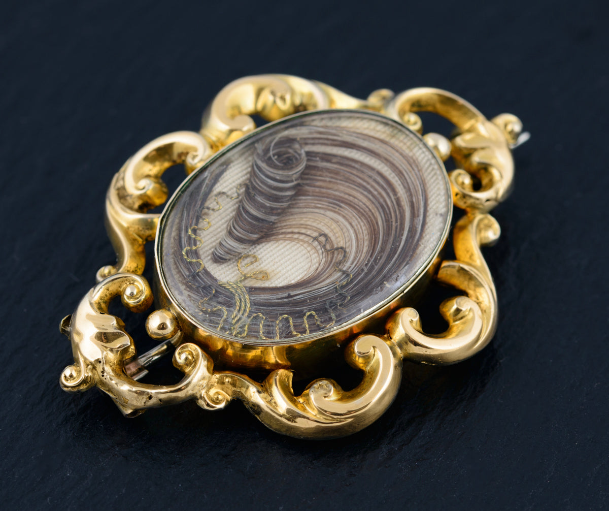 Antique Victorian Mourning Brooch 9ct Gold Decorative Hair Lock c.1850 (A1496)