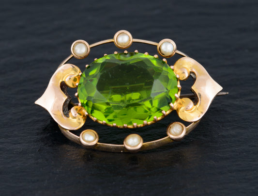 Antique Victorian 9ct Gold, Seed Pearl & Green Paste Gem Brooch/Pin (A1498)