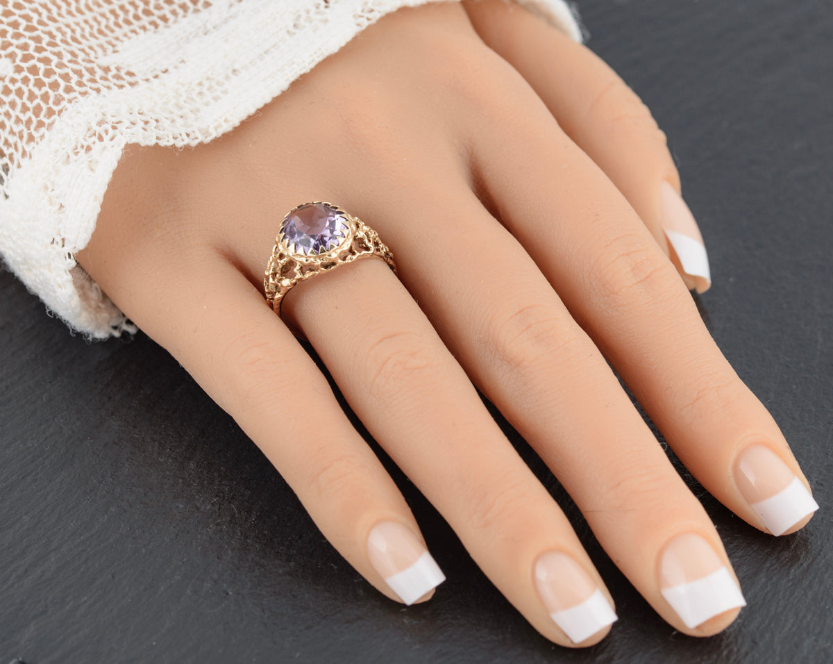 Vintage 9ct Gold Ring Amethyst Facet Cut Gemstone Modernist Design (A1504)