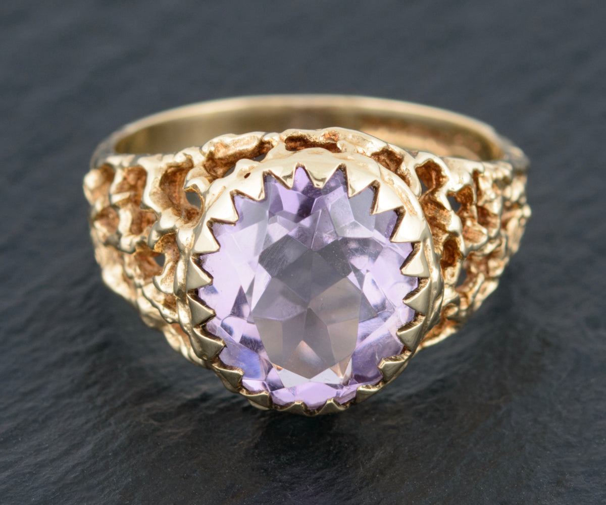 Vintage 9ct Gold Ring Amethyst Facet Cut Gemstone Modernist Design (A1504)