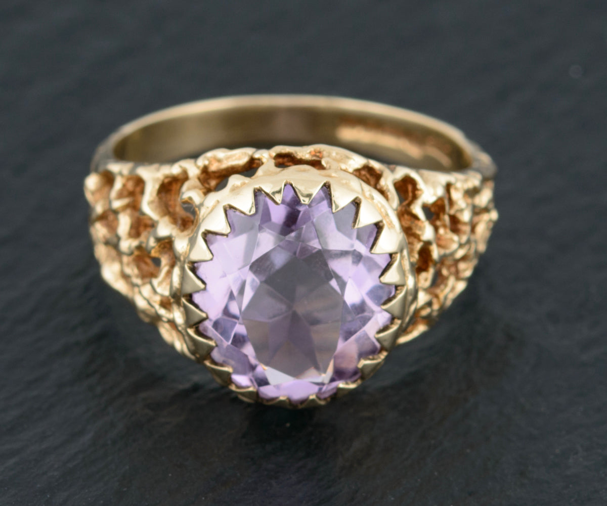 Vintage 9ct Gold Ring Amethyst Facet Cut Gemstone Modernist Design (A1504)