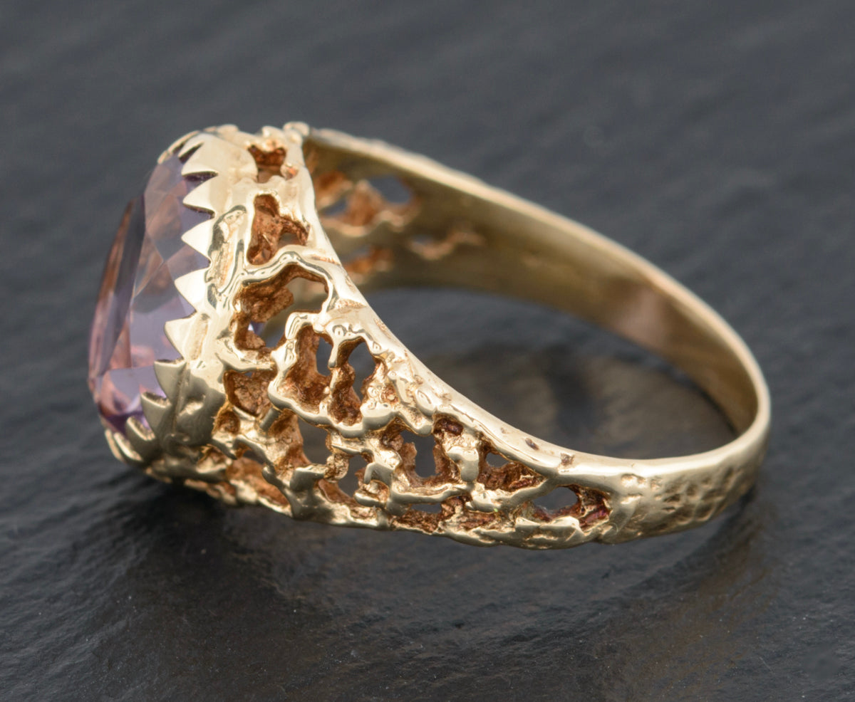 Vintage 9ct Gold Ring Amethyst Facet Cut Gemstone Modernist Design (A1504)