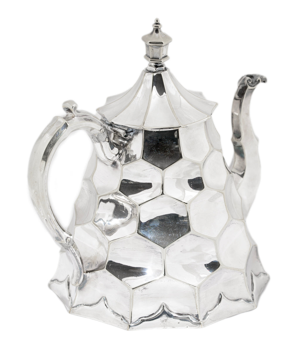 Antique Victorian Unusual Hexagon Honeycomb Silver Plated Teapot c.1890(A1515)
