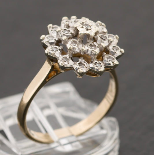 Vintage 9ct Gold & 3 Tiered Diamond Cluster Ring Hallmarked 1983 (A1528)