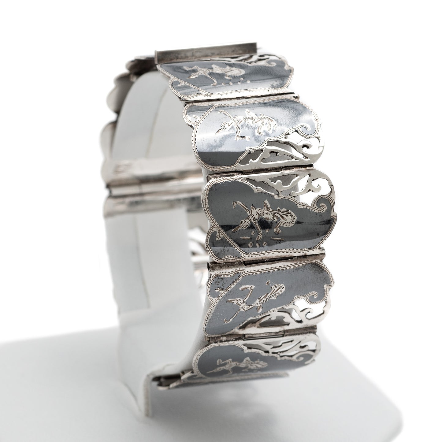 Vintage Siamese (Thailand) Silver Niello Fretwork Traditional Dancers Bracelet (Code A305)