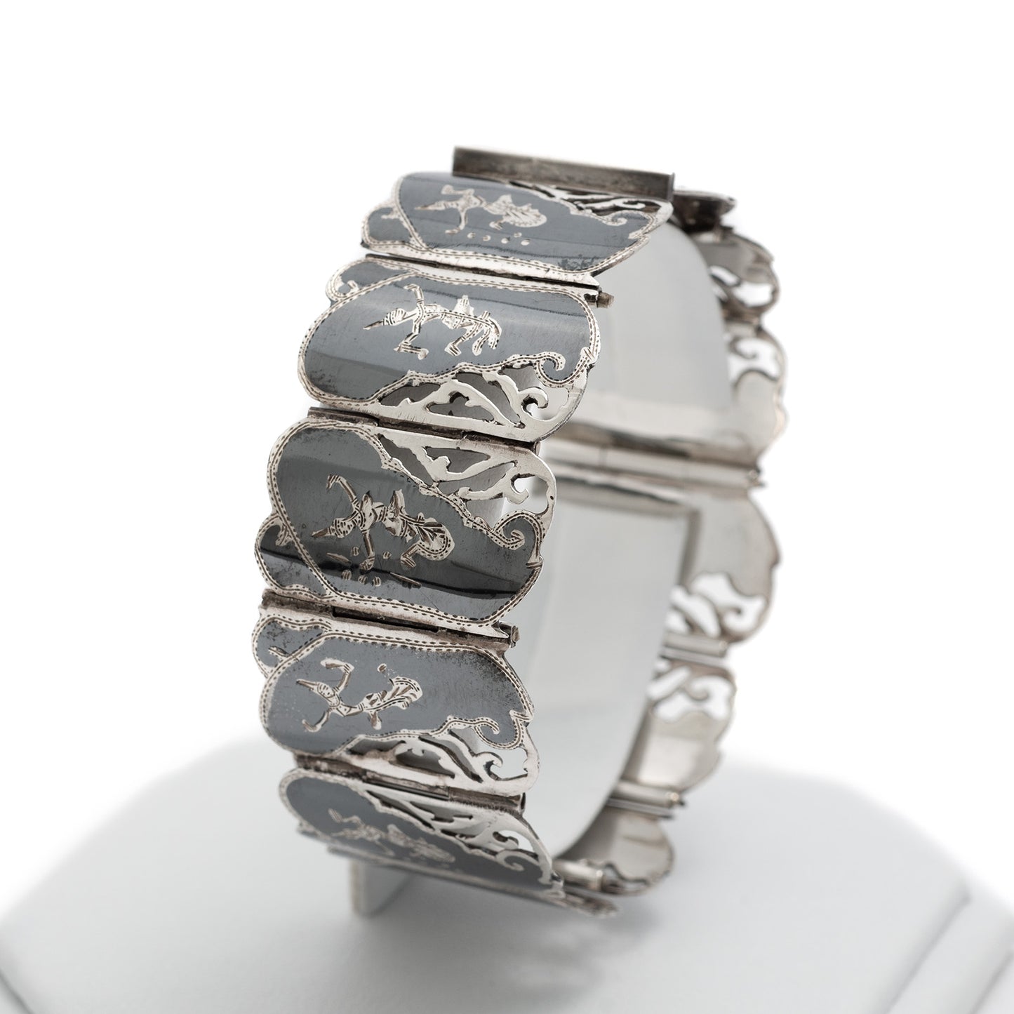 Vintage Siamese (Thailand) Silver Niello Fretwork Traditional Dancers Bracelet (Code A305)