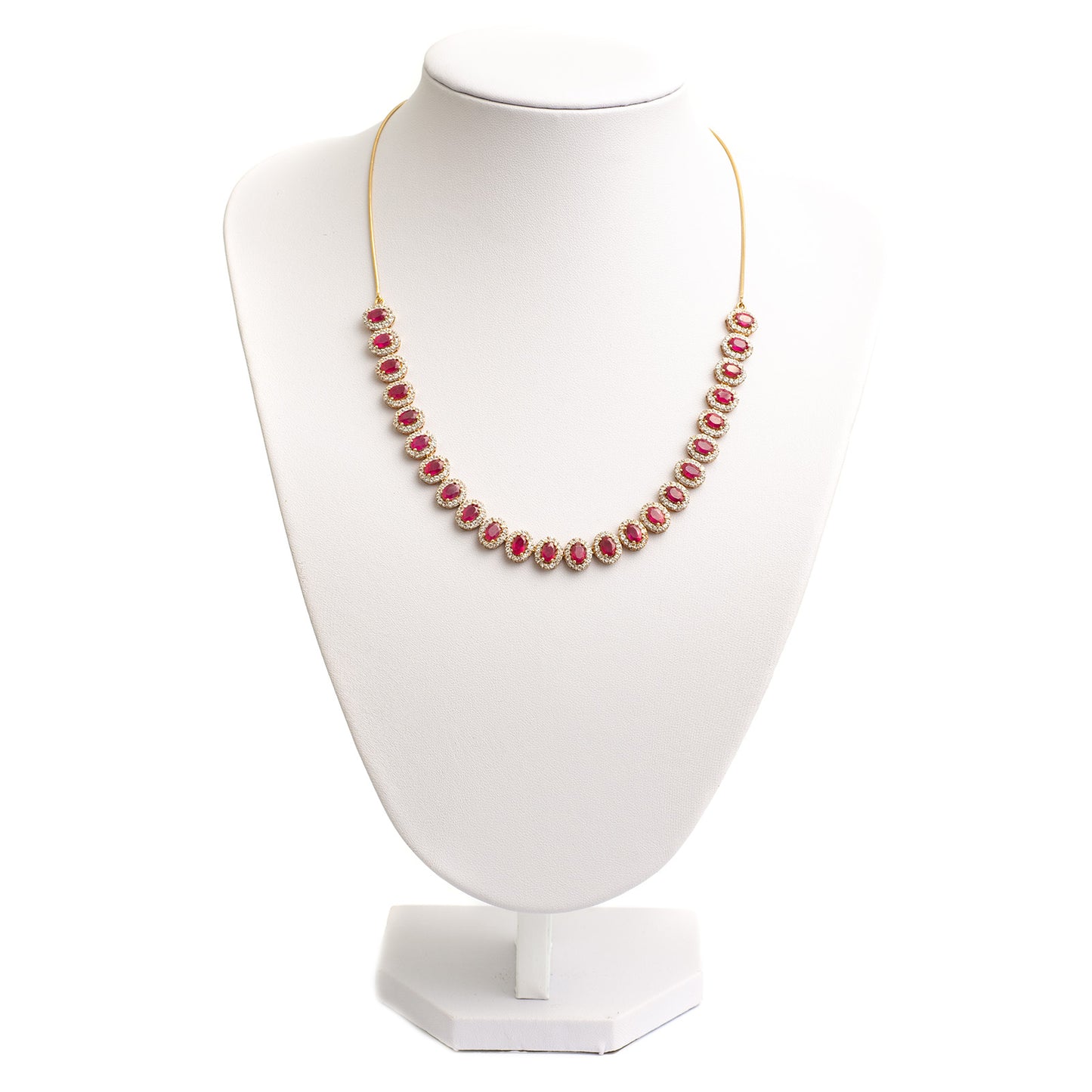 Vintage Ruby & White Topaz Halo Silver Set Riviere Necklace On Snake Chain (Code A358)