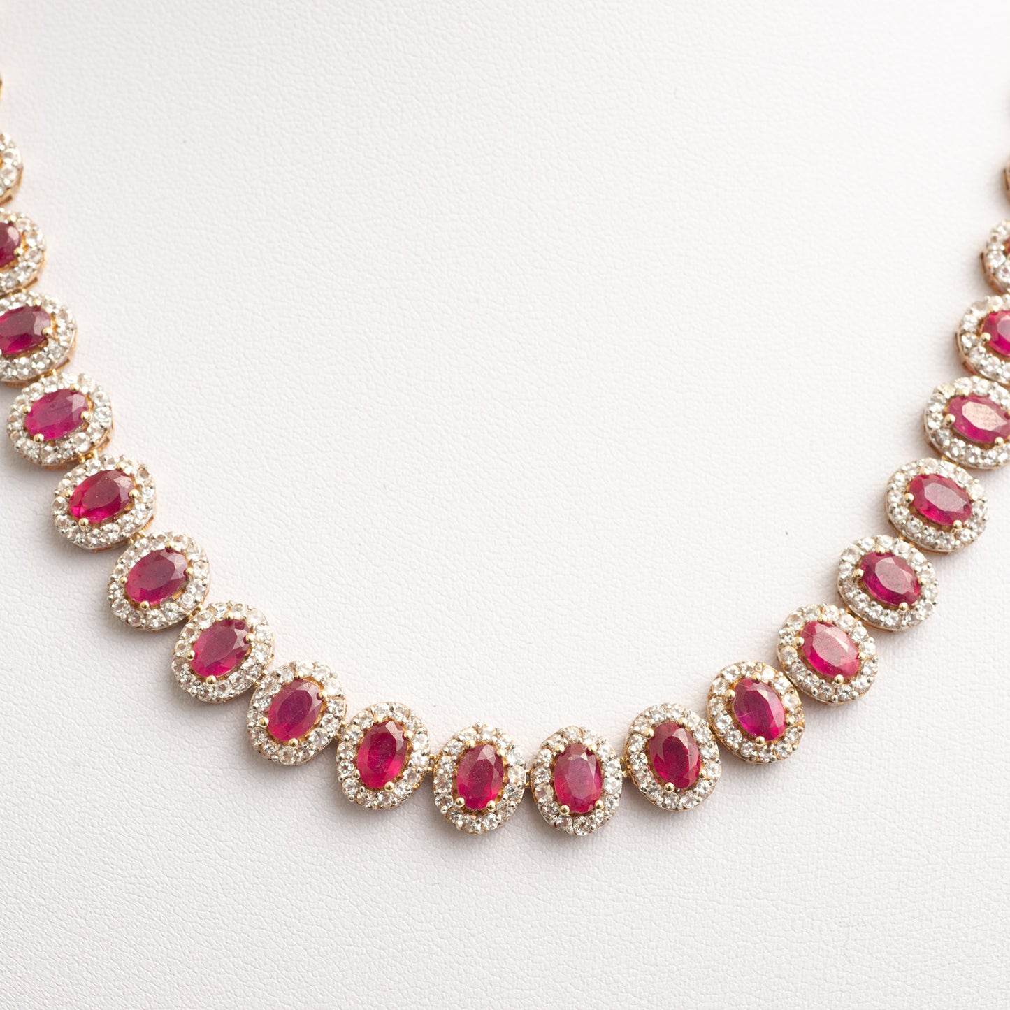 Vintage Ruby & White Topaz Halo Silver Set Riviere Necklace On Snake Chain (Code A358)