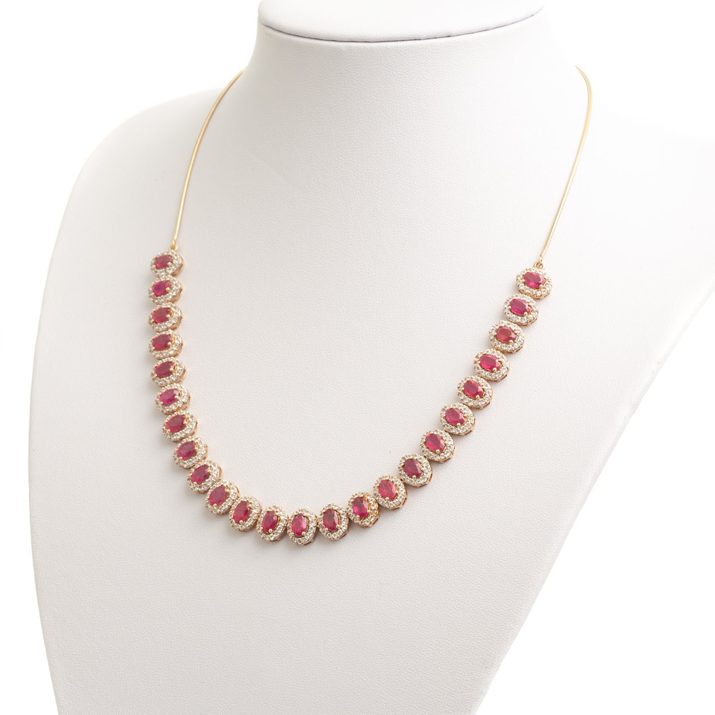 Vintage Ruby & White Topaz Halo Silver Set Riviere Necklace On Snake Chain (Code A358)