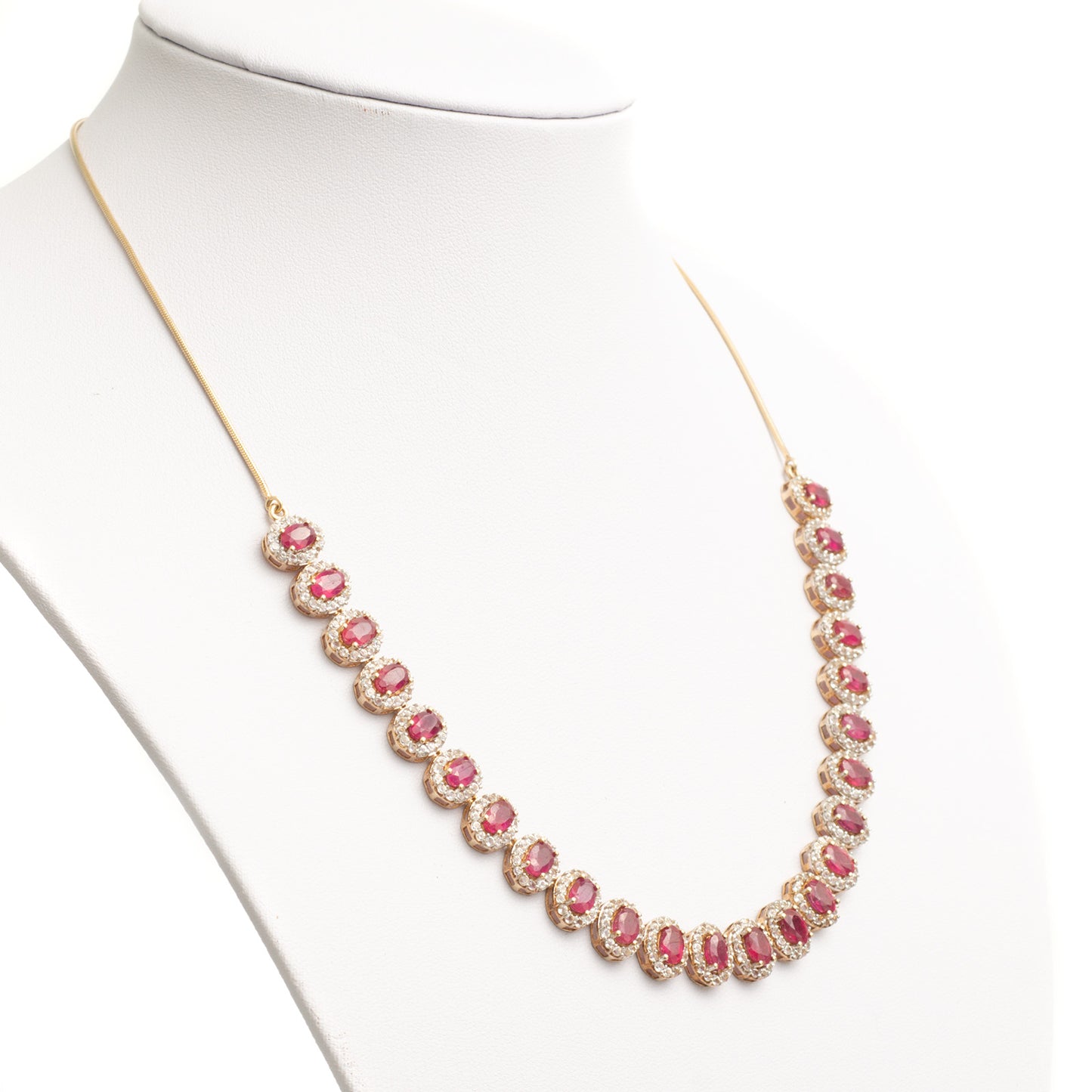 Vintage Ruby & White Topaz Halo Silver Set Riviere Necklace On Snake Chain (Code A358)