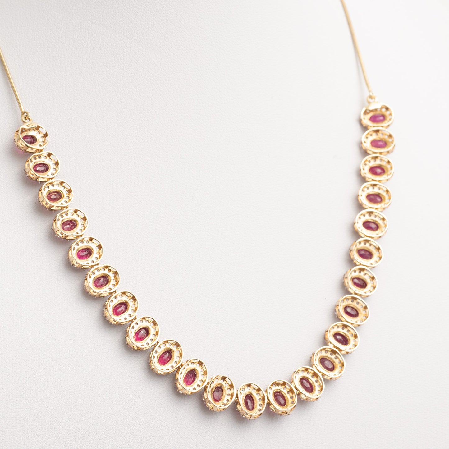 Vintage Ruby & White Topaz Halo Silver Set Riviere Necklace On Snake Chain (Code A358)
