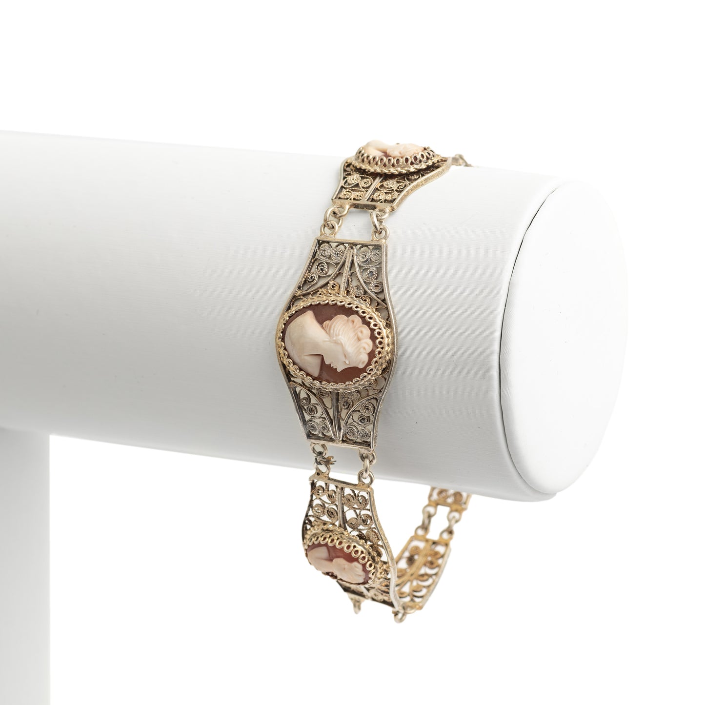 Vintage Italian Silver Filigree Bracelet Set With 3 Portrait Shell Cameos (Code A384)