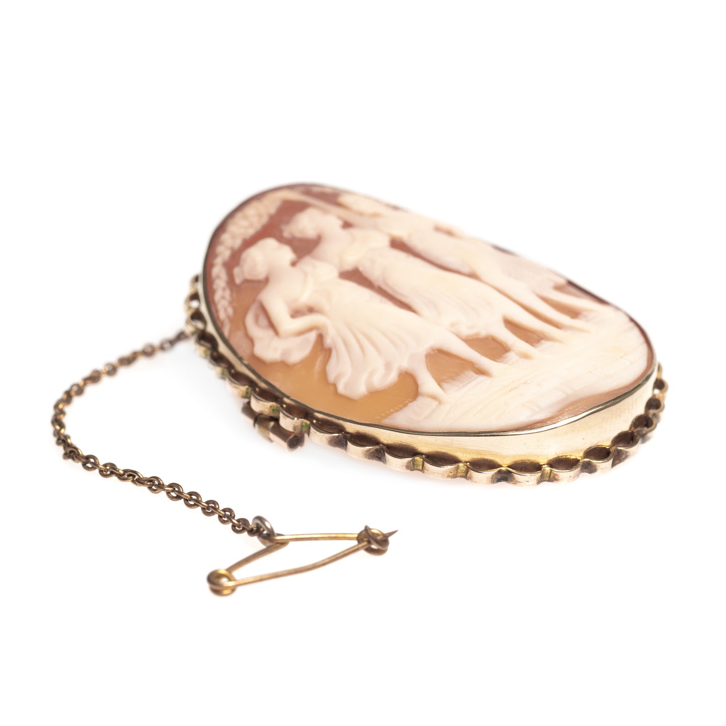 Antique Three Maidens Hand Carved Cameo Shell Brooch With 9ct Gold Mount (Code A401)