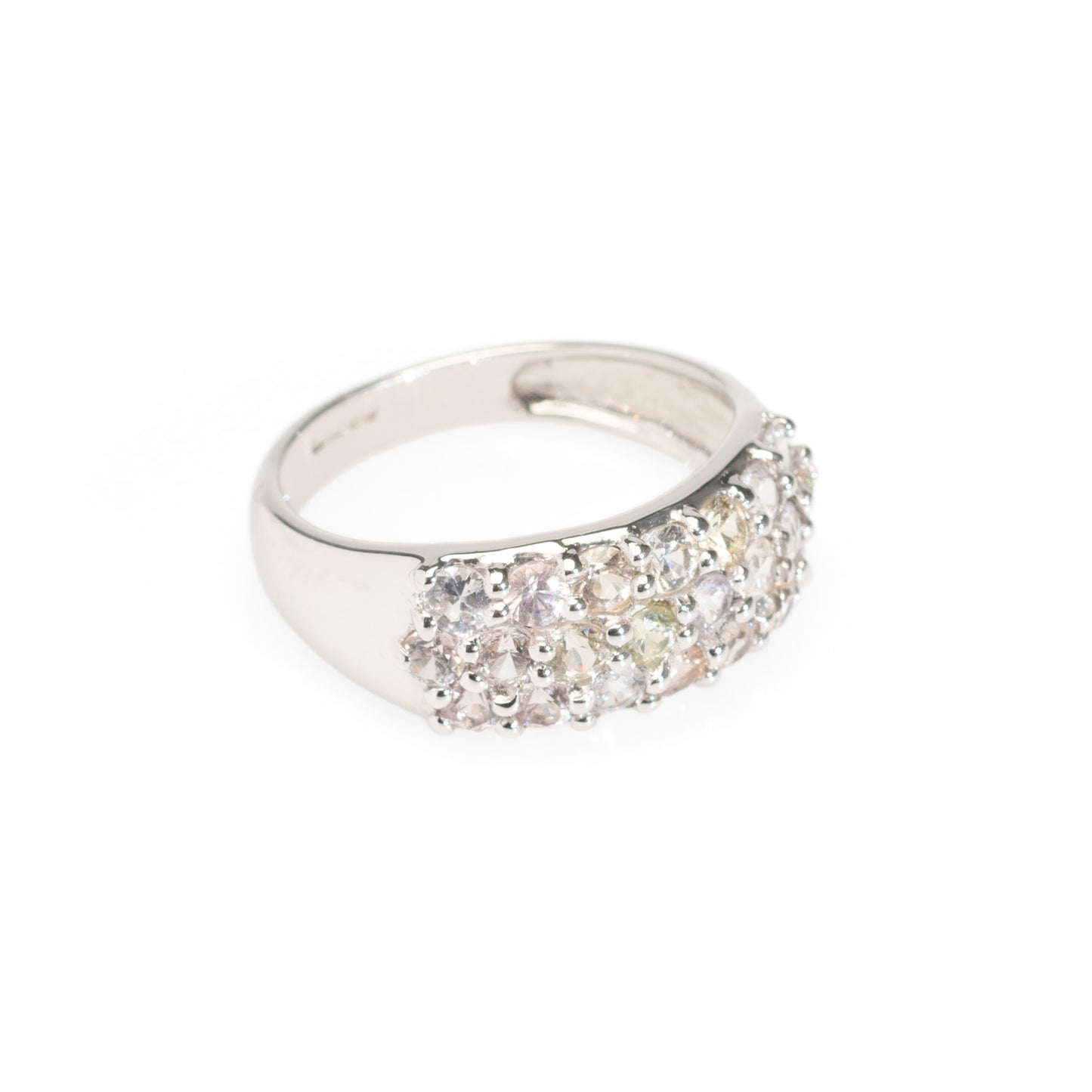 9ct Gold & Pastel Sapphire Pave Set Ring In Broad White Gold Band Size N (Code A427)