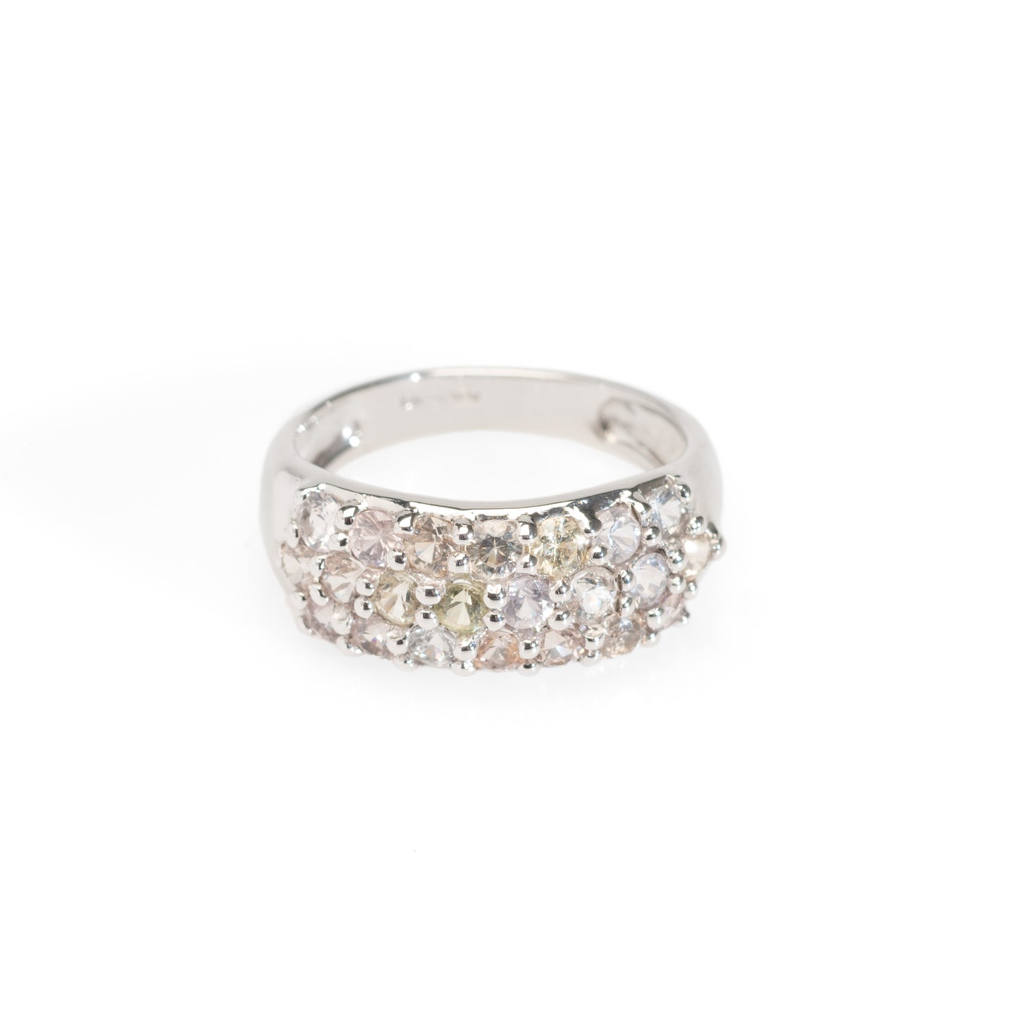 9ct Gold & Pastel Sapphire Pave Set Ring In Broad White Gold Band Size N (Code A427)