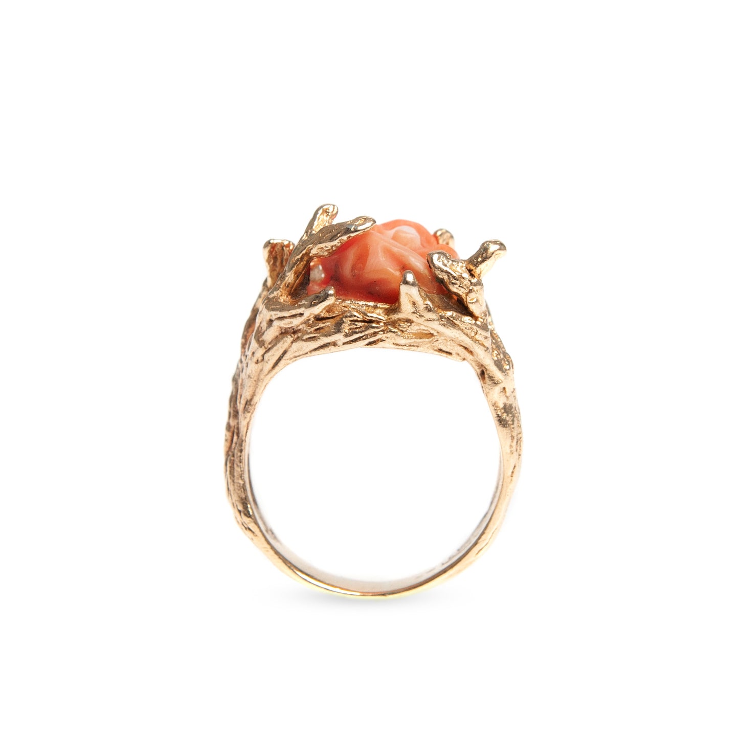 Antique 14ct Gold & Carved Coral Rose Ring With Decorative Fronds Size O 1/2 (Code A428)