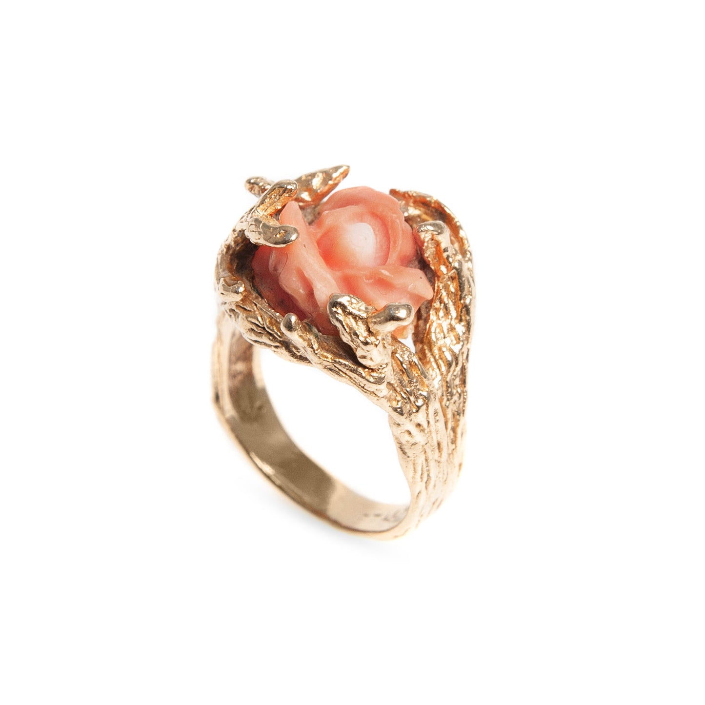 Antique 14ct Gold & Carved Coral Rose Ring With Decorative Fronds Size O 1/2 (Code A428)