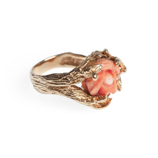 Antique 14ct Gold & Carved Coral Rose Ring With Decorative Fronds Size O 1/2 (Code A428)