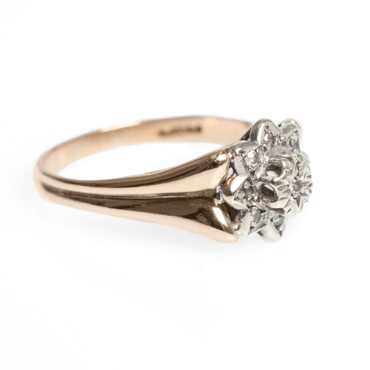 9ct Gold & Diamond Vintage Ladies Ring Flower Set Design Size L (Code A440)