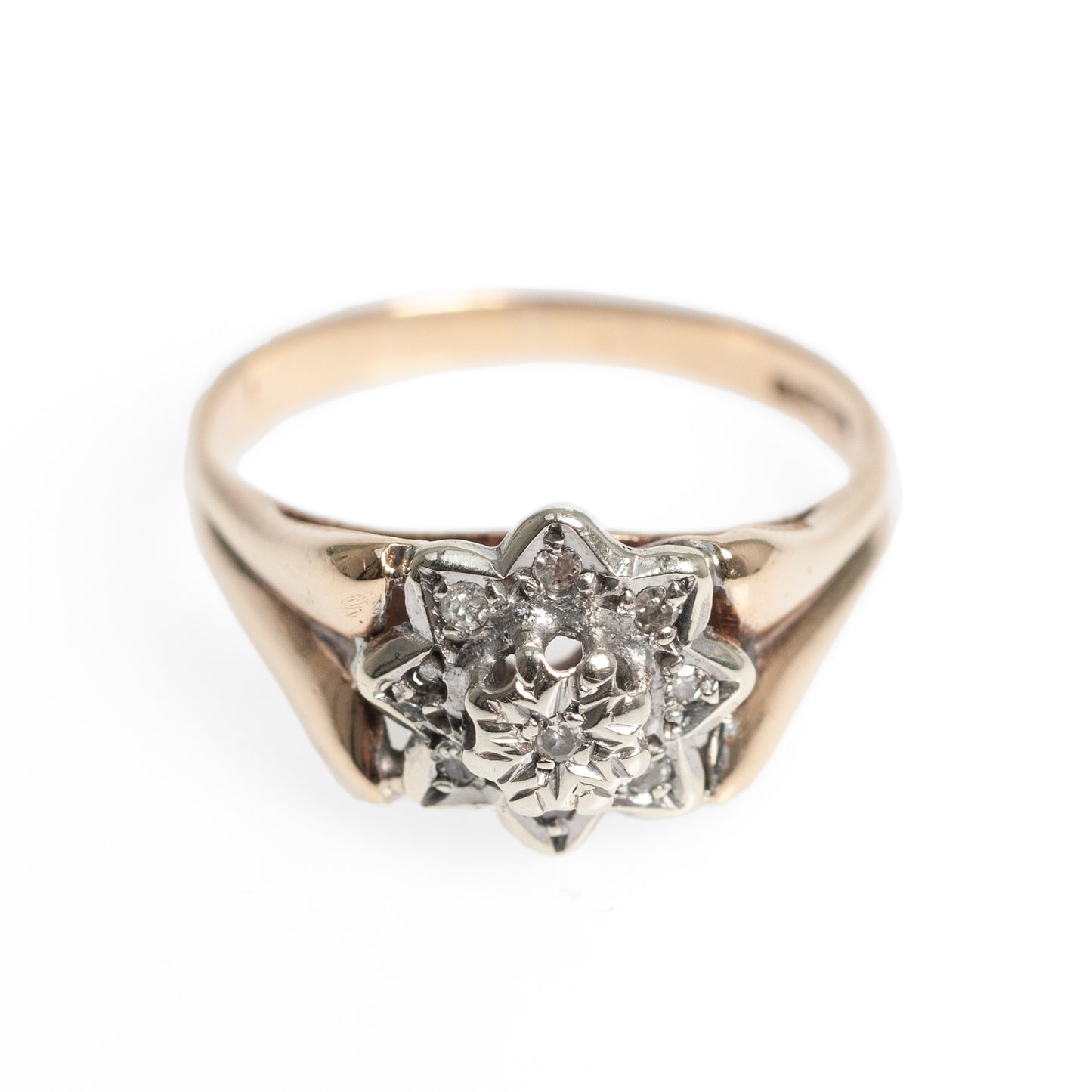 9ct Gold & Diamond Vintage Ladies Ring Flower Set Design Size L (Code A440)