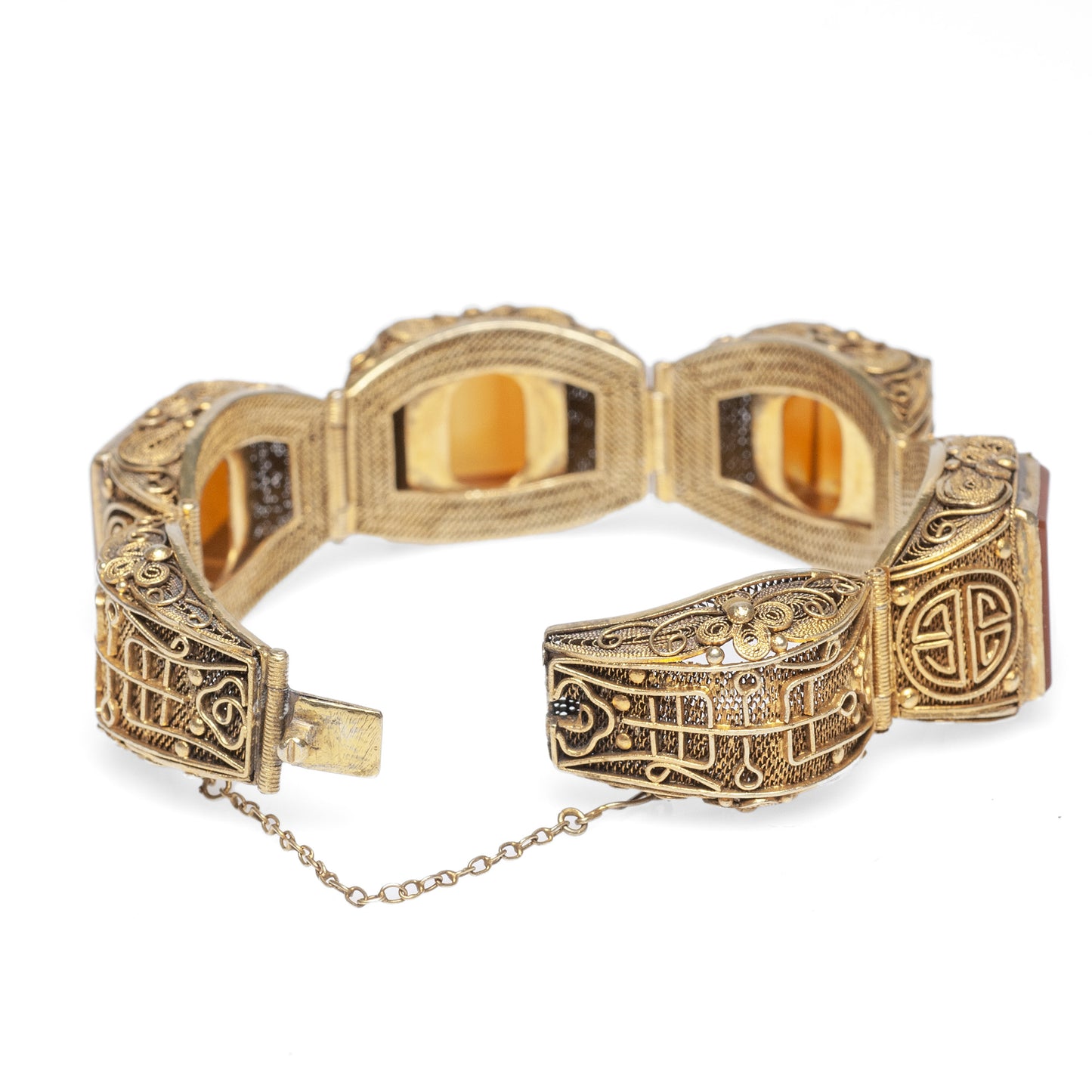 Chinese Silver Gilt & Carnelian Bracelet Filigree Design Vintage Republican (Code A458)